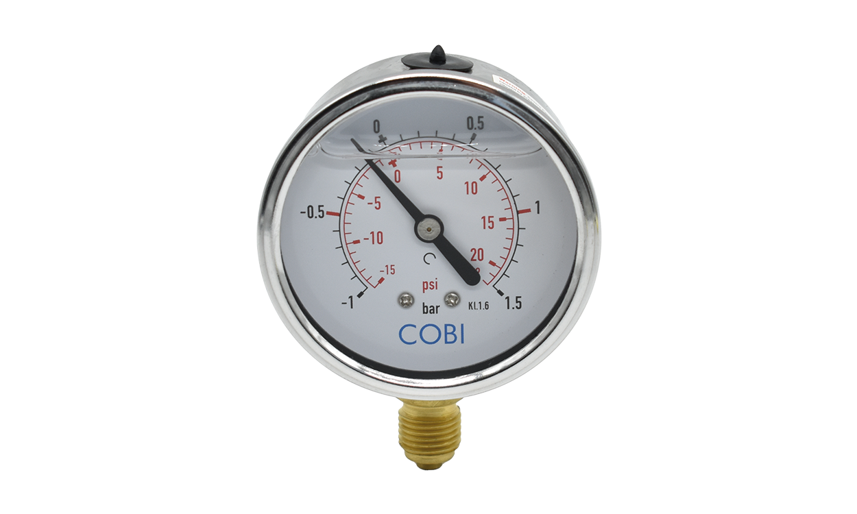 glyzerin manometer aus edelstahl unten mit aussengewinde mit roter markierung im anzeigebereich hcobi gmbh