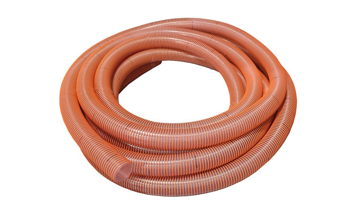 cobisuper pu pvc polyurethan saug und druckschlauch fuer mittelschwere anwendungen fuer futtermittel mahl und mischanlagen mit kupferlitze orange transparent rolle