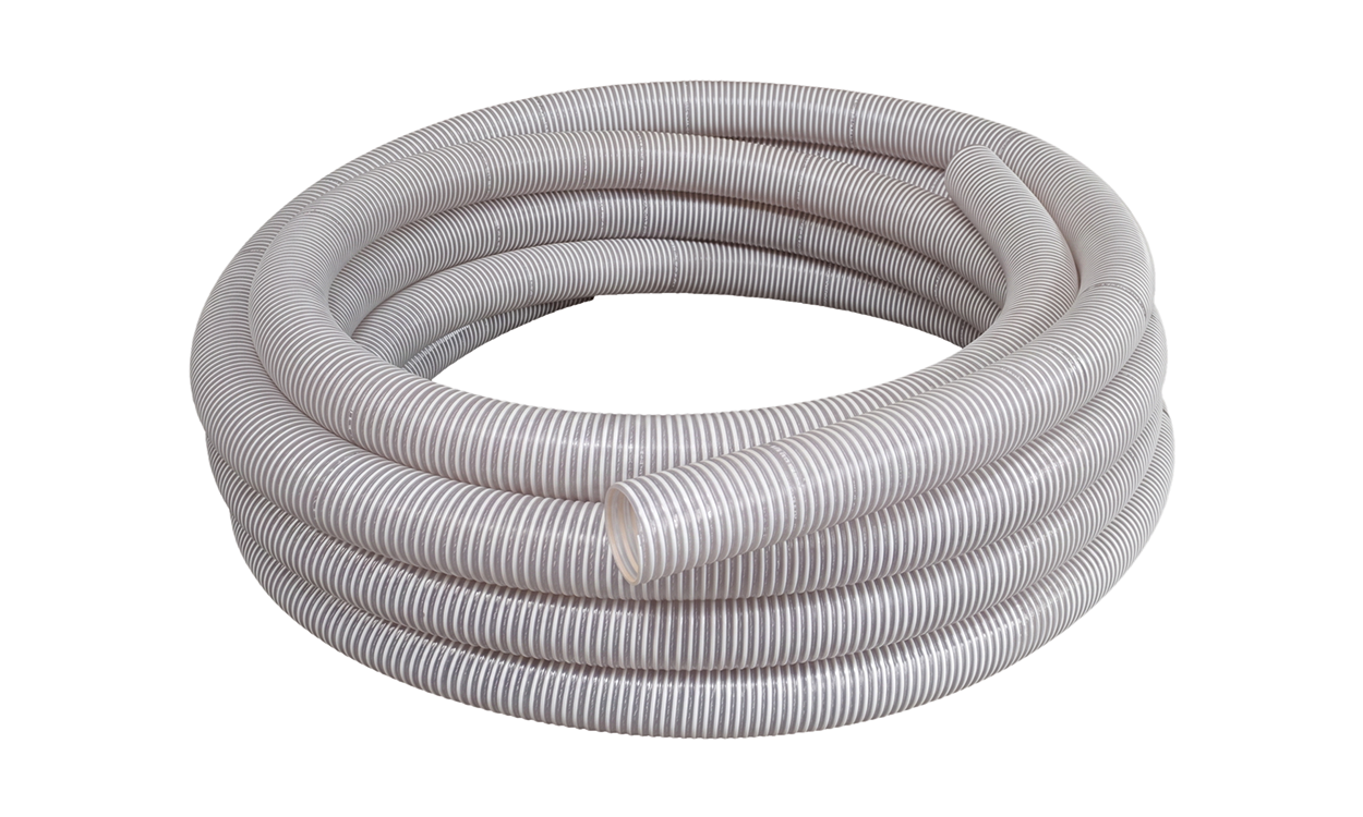 cobipal pu pvc polyurethan saug und druckschlauch fuer mittelschwere anwendungen fuer futtermittel mahl und mischanlagen mit carbonfaden weiss transparent rolle