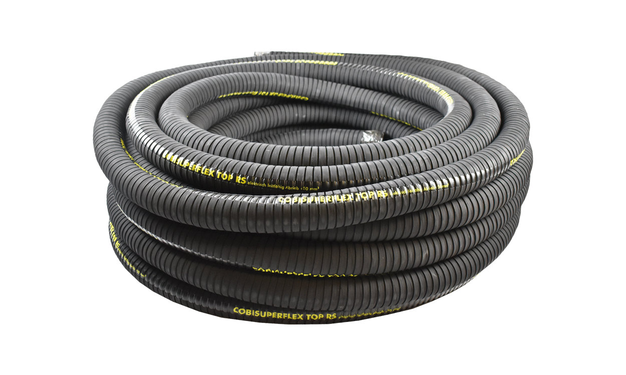 cobisuperflex top hochflexibler gummi spiral saug und foerderschlauch mit spiralfreien muffen fuer abrasive medien schwarz elektrisch leitfaehig abrieb ca