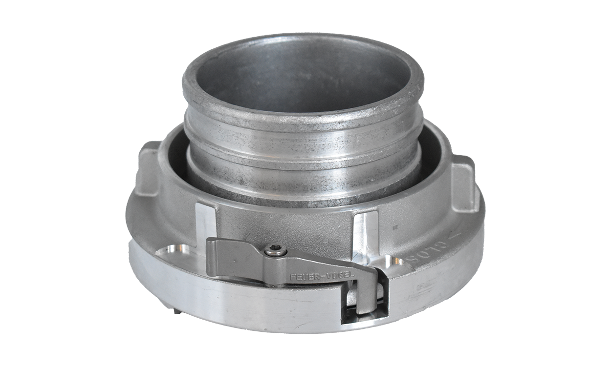 a aluminium druckkupplung mir kurzer schlauchtuelle mit verriegelung fuer klemmring einbindung system storz hcobi gmbh